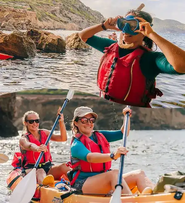 Collage de kayak y snorkel en Ibiza mostrando mujer ajustandose mascara de buceo y dos mujeres remando en kayak con chalecos salvavidas junto a la costa rocosa.