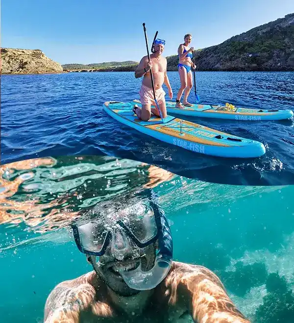 Collage de SUP y snorkel en Ibiza con selfie de hombre buceando con mascara en aguas cristalinas y pareja de pie sobre tablas de paddle surf con costa rocosa de fondo.