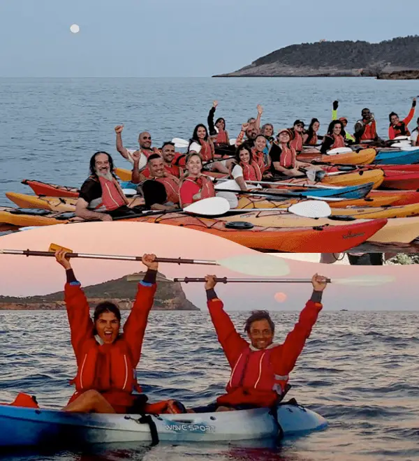 Full moon kayak tour group paddling at sunset in Ibiza Mediterranean waters