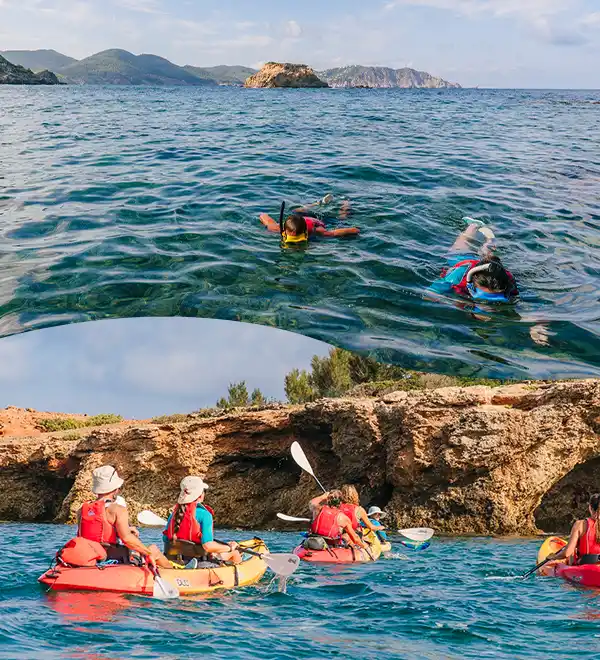 Kayak and snorkel tour in Ibiza showing snorkelers exploring turquoise waters near island fort and kayakers paddling through rocky sea caves.