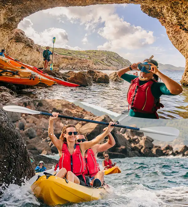 Kayaker paddling through spectacular natural rock arch cave opening with scenic sea views during Ibiza kayak and snorkel tour