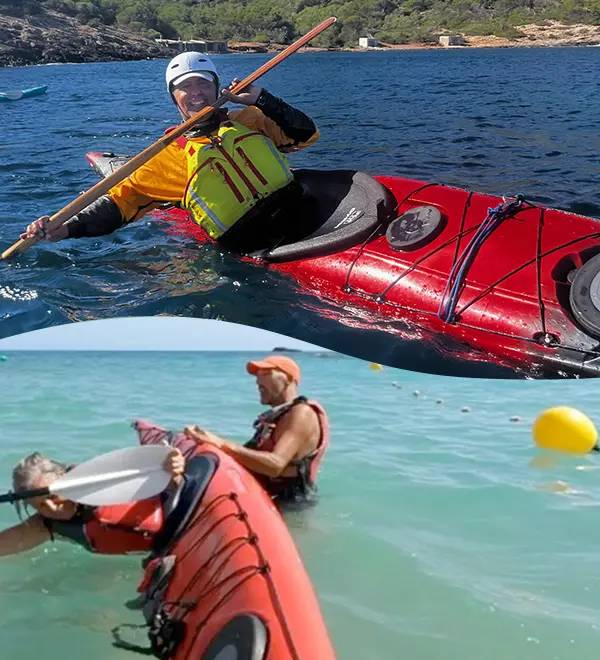 Group of kayakers paddling red sea kayaks with life ja