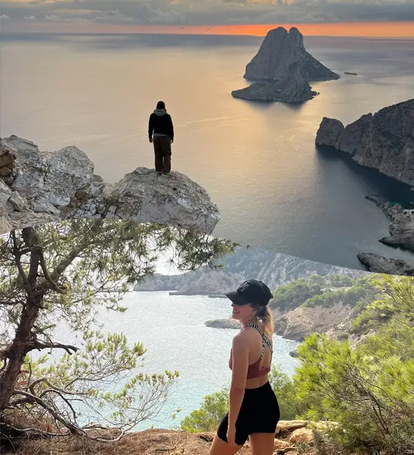 Collage de senderismo en Ibiza con persona contemplando Es Vedra al atardecer desde un mirador y mujer caminando por un sendero con vistas a una cala turquesa.